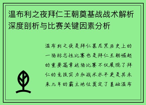 温布利之夜拜仁王朝奠基战战术解析深度剖析与比赛关键因素分析